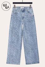 Blue Leopard Print Viral Stretchy Wide Leg Jeans