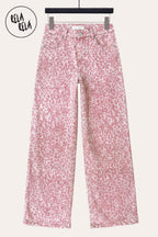 Pink Leopard Print Viral Stretchy Wide Leg Jeans