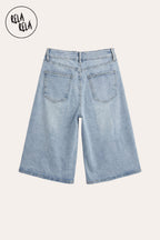 Distressed Baggy Fit Denim Jorts in Light Blue