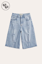 Distressed Baggy Fit Denim Jorts in Light Blue