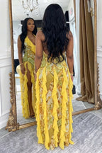 Halter Backless Ruffle Trim High Slit Floral Maxi Dresses-Yellow