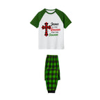 White Top Green Sleeves Green Plaid Pants Pajamas Set With "Jesus Is The Reason For The Season" Slogan Print