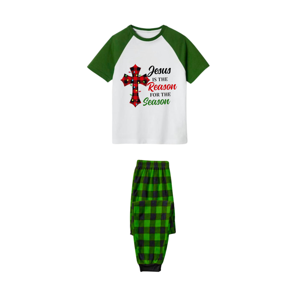 White Top Green Sleeves Green Plaid Pants Pajamas Set With "Jesus Is The Reason For The Season" Slogan Print