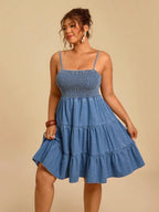 Women's Sweet Boho Style Plus Size Soft Denim Halter Dress, Thin Straps, Square Neck, Summer Floral Print, Fuzzy Denim Skirt