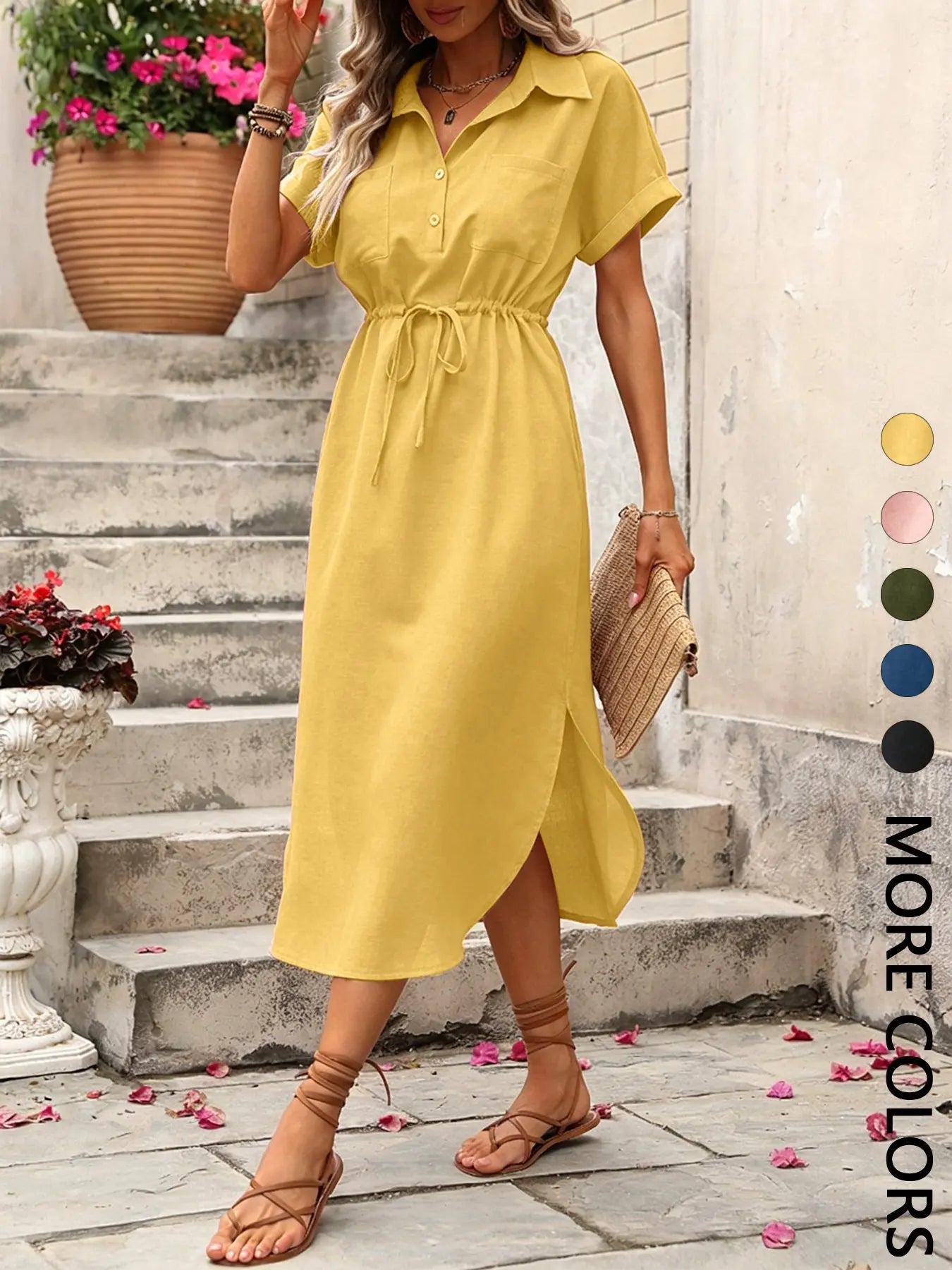 Women's Solid Color Button Front Dress, Casual Short Sleeve Dress for Daily Wear, Ladies Clothes for Summer, Brunch Dresses, Formal Womenswear