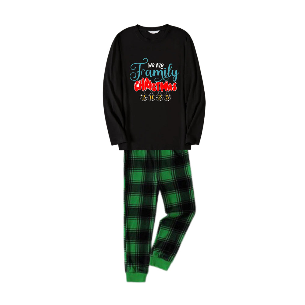 Christmas Family Matching Pajamas-Black Top and Green Plaid Pants Pjs Set with "We Are Family Christmas 2025" Print