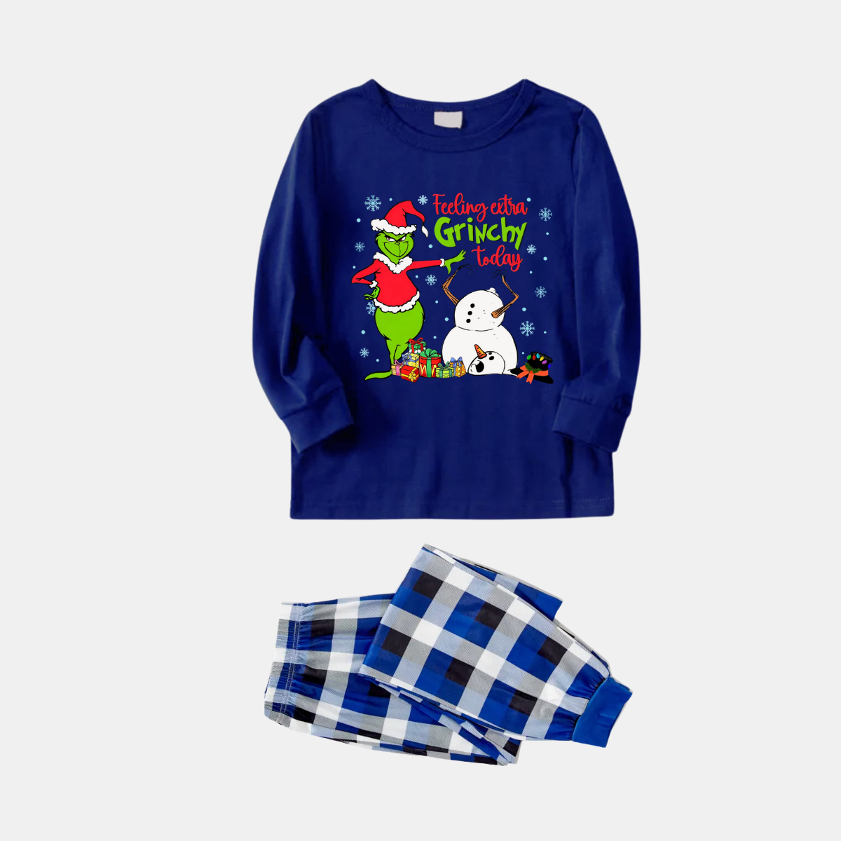 Coupe Navy & White Plaid Christmas Pajamas Set With Grinch and Snowman Print
