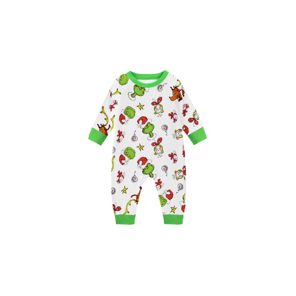 Christmas Family Matching Pajamas-Green Top and Grinch Pants Pjs Set with "Christmas Crew Making Memories Together" Print