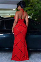 Halter Backless Geometric Print Slim Fit Gowns Maxi Dresses-Red