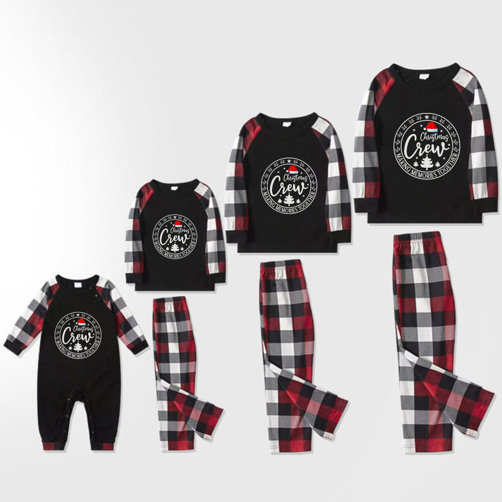 Christmas Family Matching Pajamas-Red and Gray Plaid Pjs set with “Christmas Crew” and Santa Hat Pattern Print