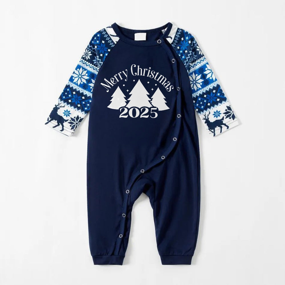Joyful Blue Christmas Pajamas Set with Christmas Tree and Slogan Designs