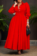 Turndown Collar Long Sleeve Cinch Waist Solid Color Maxi Shirt Dresses-Pink