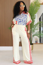 Placement Print Short Sleeve Blouse Wide Leg Pants 2pcs Set-Green