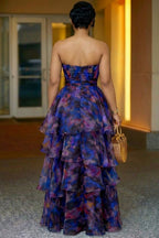 Strapless Cinch Waist Layered Ruffles Party Maxi Dresses-Purple