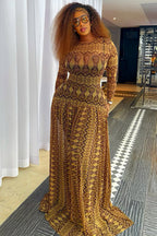 Round Neck All Over Print Long Sleeve Slim Fit Casual Maxi Dresses-Brown