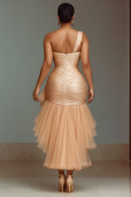 One Shoulder Mesh Ruffle Party Maxi Mullet Dresses-Champagne