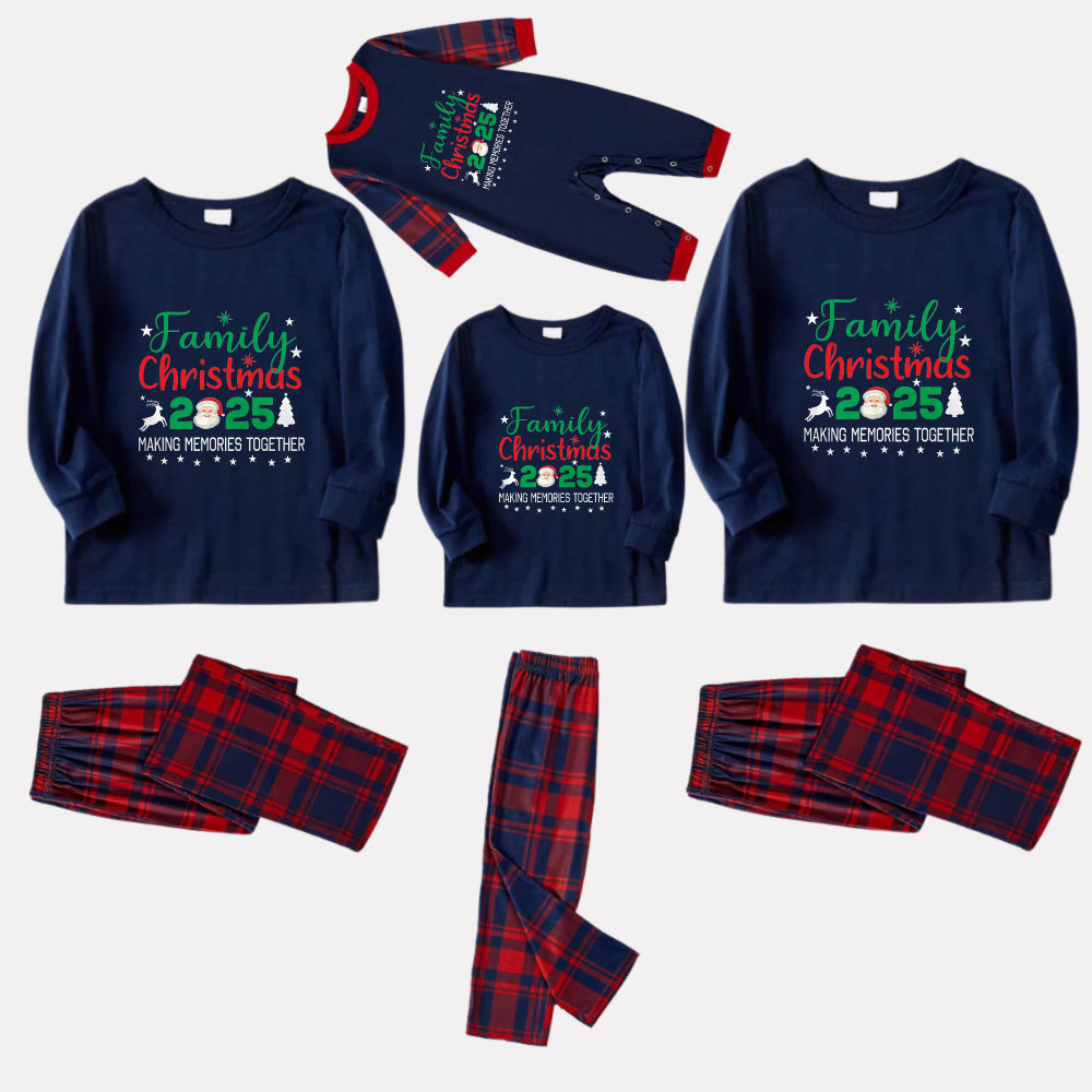 Christmas Family Matching Pajamas-Navy & Red Plaid Pjs Set with "Family Christmas 2025" and Santa Pattern Print