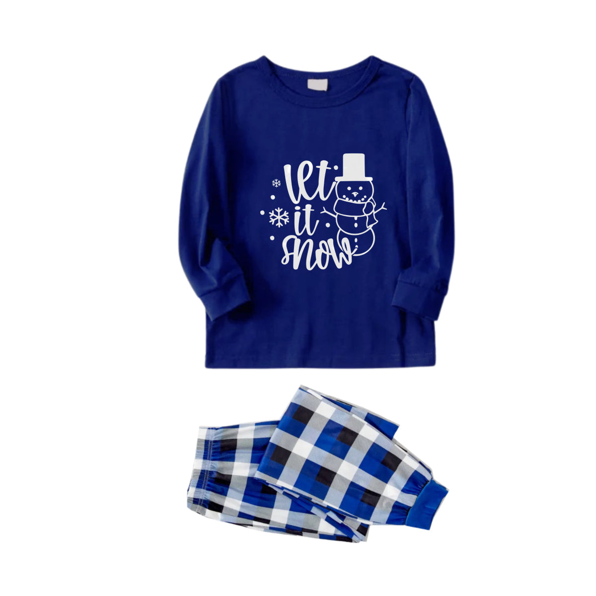 Christmas Family Matching Pajamas-Navy & White Plaid Pjs Set with Snowman and  "Let It Snow" Text Print