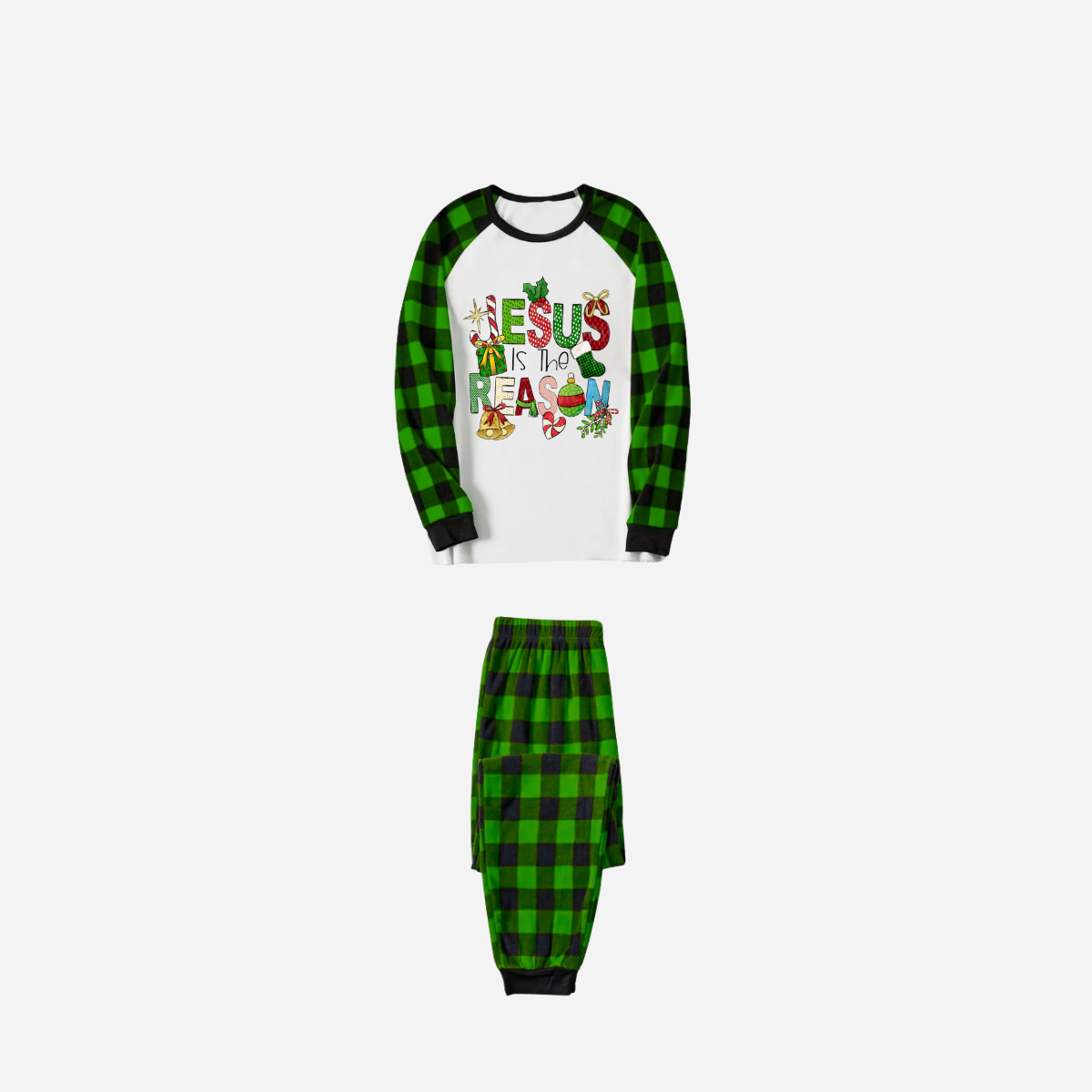 Christmas Cartoon Family Christmas Pajamas Set - White Top with Green Plaid Sleeves and Green Plaid Pants and “Jesus is the Reason” Design