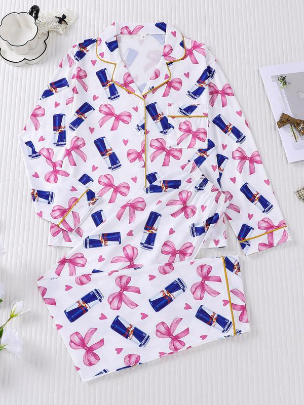 Women's Striped Bow Print Long Sleeve Woven Pajama Set, Sweet Cute Button Front Top and Pants, Casual Home Wear for All Seasons