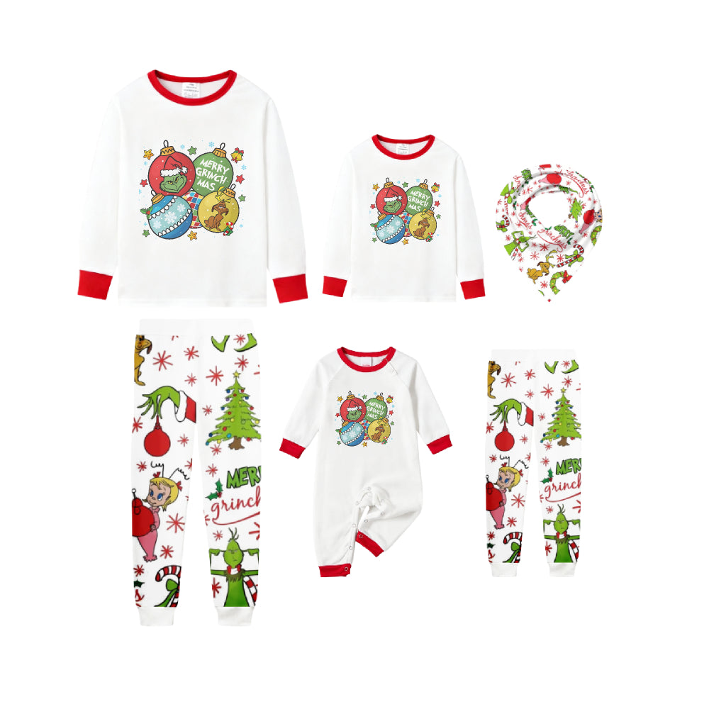 Family Christmas White Pajamas Set With Colorful Christmas Character Print