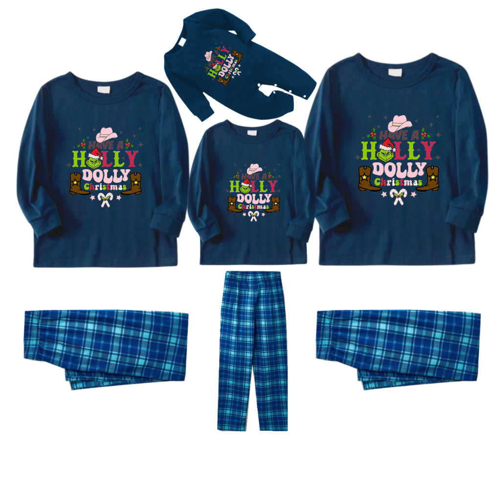 Christmas Family Matching Pajamas-Navy & Sky Blue Plaid Pjs Set with Grinch and "Have A Holly Dolly Christmas" Print