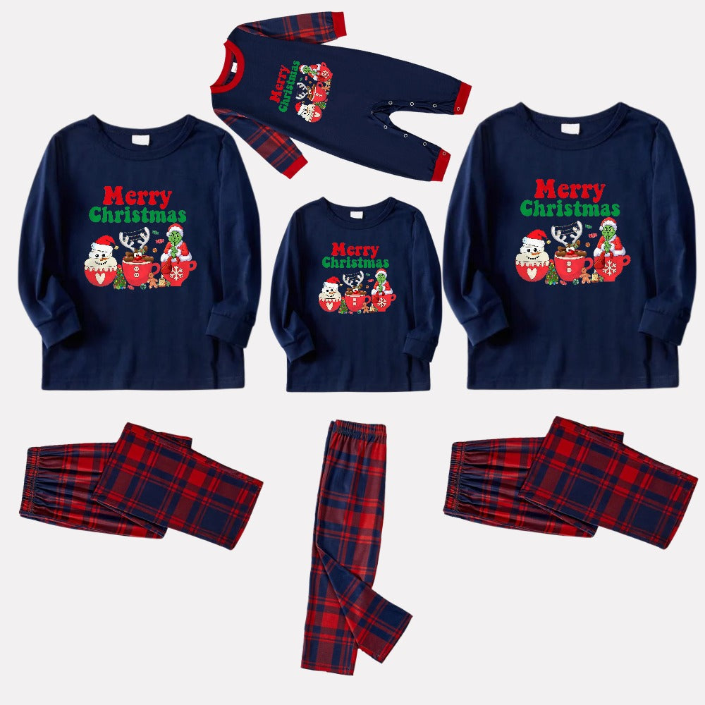 Christmas Family Matching Pajamas-Navy & Red Plaid Pjs Set with Grinch and "Merry Christmas" Print