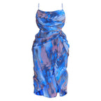 Plus Blue Abstract Print Chiffon Ruched Drape Midi Dress