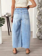 Women's Casual Street Patchwork Pocket Loose Wide Leg Jeans，Baggy Loose Summer Jeans, Perfect for All Seasons & Casual Occasions