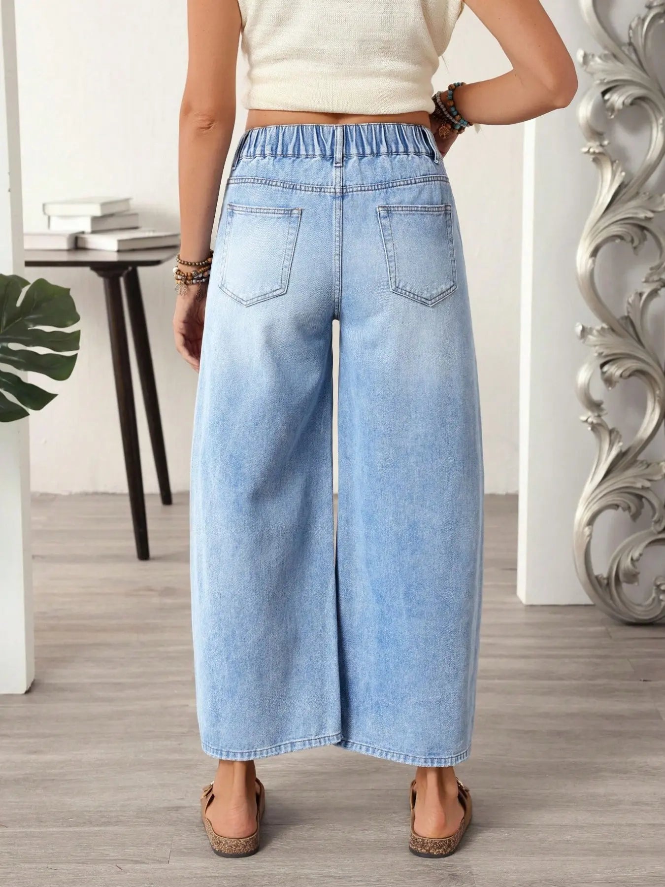 Women's Casual Street Patchwork Pocket Loose Wide Leg Jeans，Baggy Loose Summer Jeans, Perfect for All Seasons & Casual Occasions