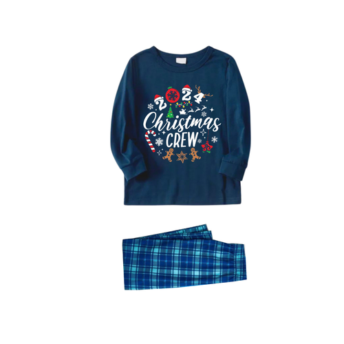 2025 Christmas Crew Making Memories Together Text Print Blue Long Sleeve Top With Blue Plaid Family Matching Pajamas
