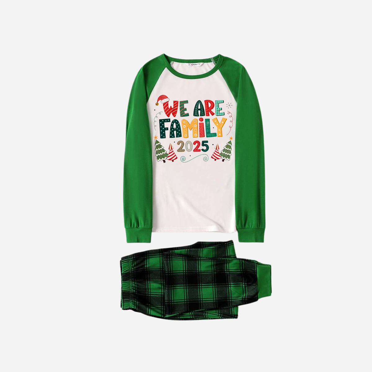 Green Raglan Top Green Plaid Christmas Pajamas Set With "We are Family" Colorful Text Print
