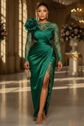 Rosette Lace Patchwork Pleated Slit Party Maxi Dresses-Green