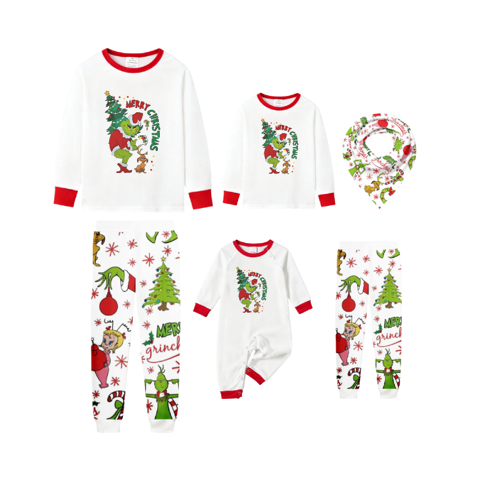 Family Christmas White Pajamas Set With Cute Xmas Pattern Print