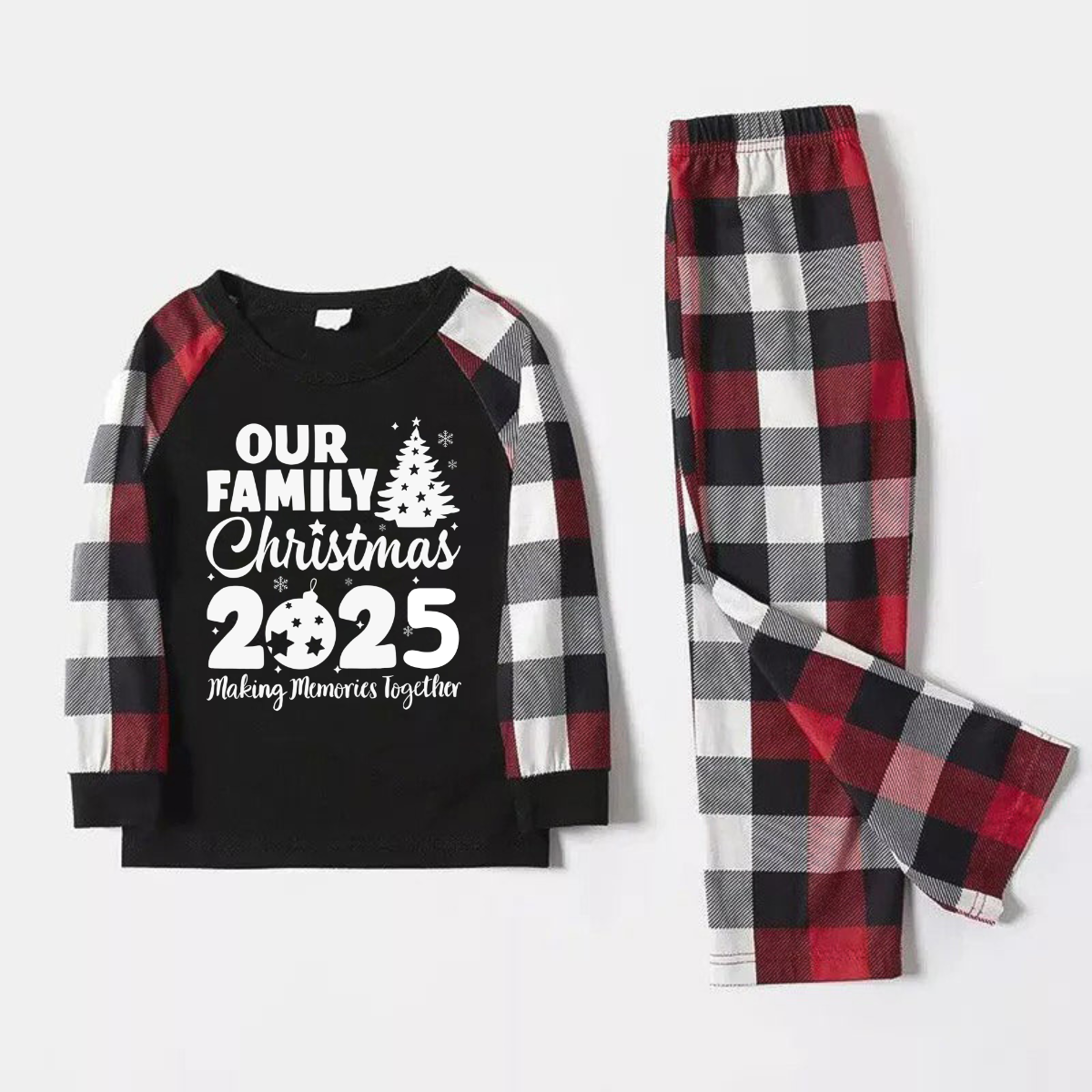 Christmas Tree & "2025 Making Memories Together" Patterned Plaid Sleeve Contrast Tops and Red & Black & White Plaid Pants Family Matching Pajamas Set With Dog Bandana