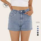 Women's Stretchy High Waisted Turn Up Denim Shorts UK 6-16 Womens Everyday Casual Fit Denim Bottoms