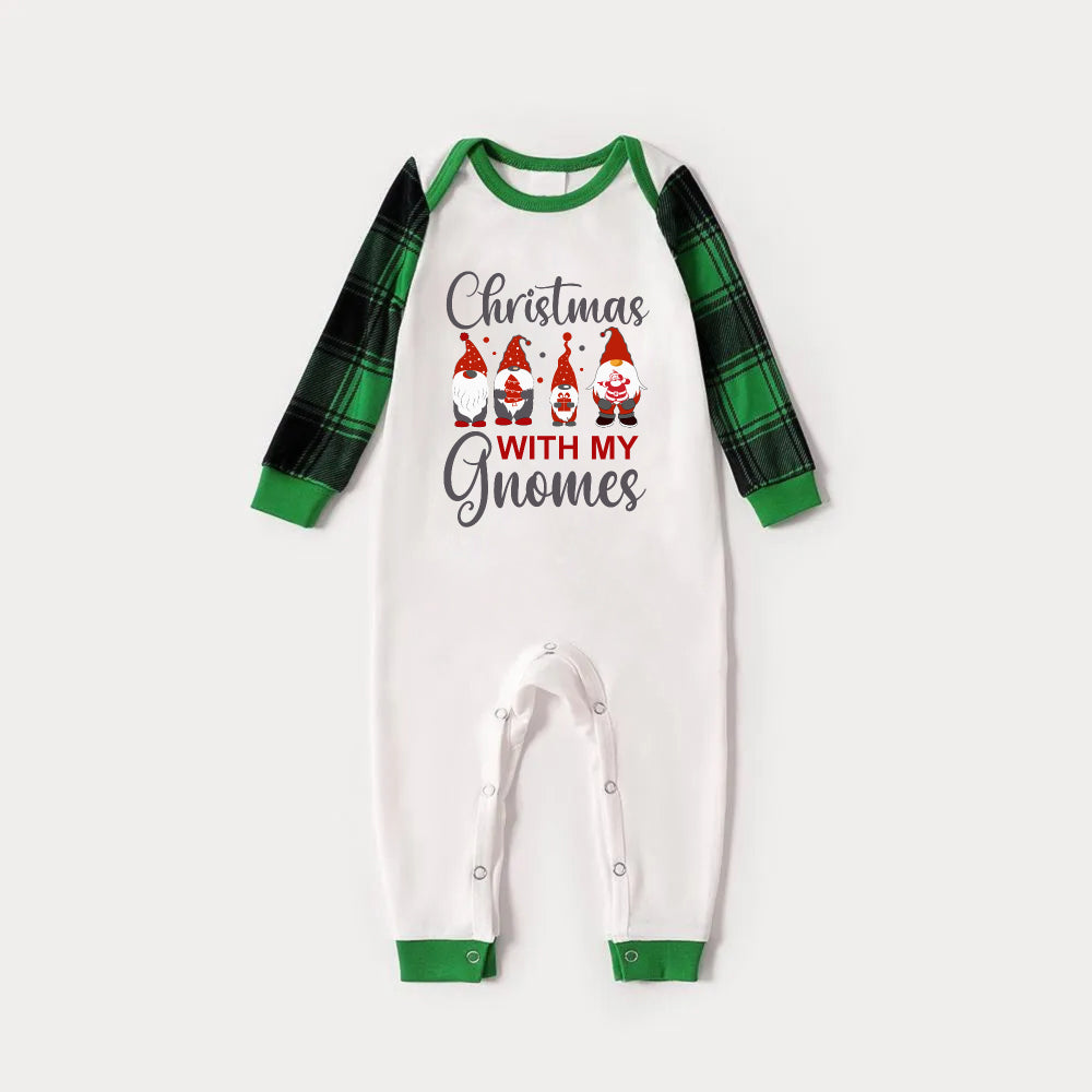 Green Raglan Top Green Plaid Christmas Pajamas Set With "Christmas WITH MY Gnomes" red and grey Cartoon Pattern Print