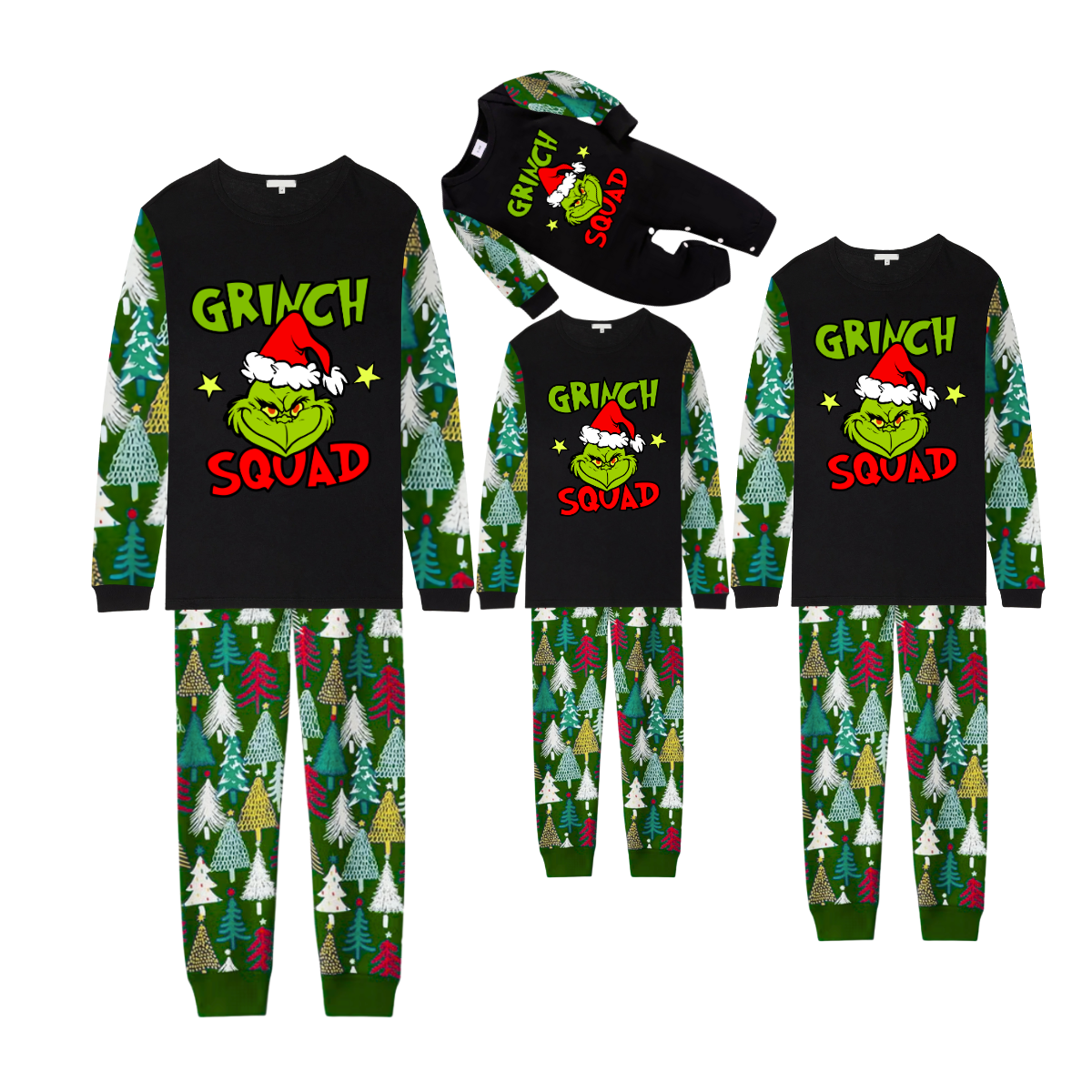 Grinch Squad Family Christmas Pajamas - Christmas Tree Pattern