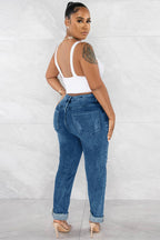 Denim High Waist Ripped Slim Fit Tapered Casual Cuffed Jeans-LightBlue