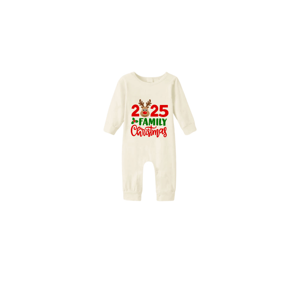 Beige Christmas Pattern Print Christmas Pajamas Set With 2025 Christmas Slogan Print