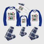 Christmas Family Matching Pajamas-Blue Raglan Top Blue Plaid Pants Pjs Set with "Family Christmas 2025" Print