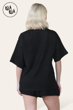 Oversized Crochet T-Shirt & Shorts Co-Ord Set in Black