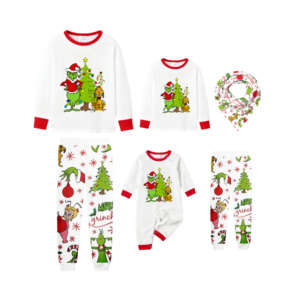 Family Christmas White Pajamas Set With Cartoon Pattern Print