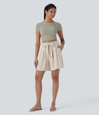 High Waisted Belted Casual Linen-Feel Bermuda Shorts with Pockets