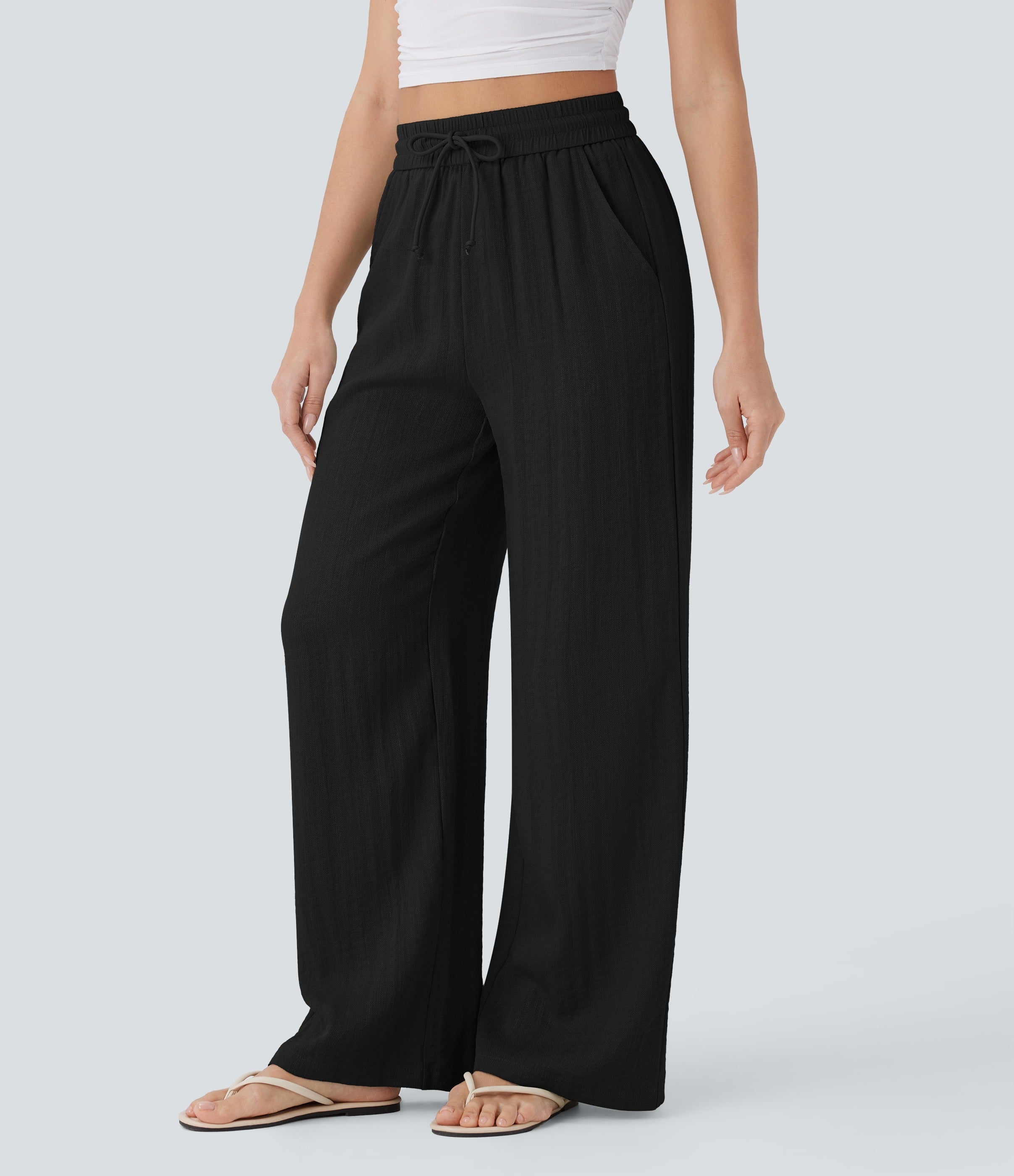 2026🔥 High Waisted Drawstring Pocket Wide Leg Casual Linen-Feel Pants