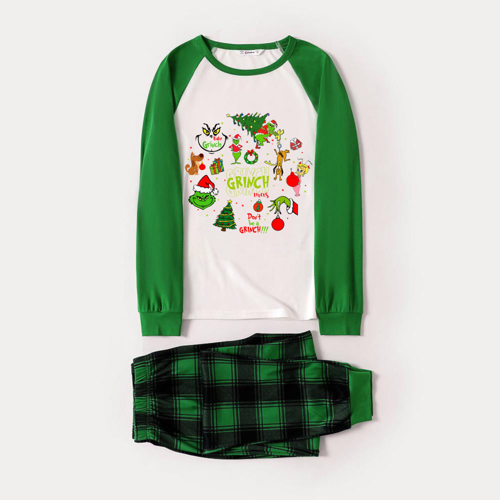 Green Raglan Top Green Plaid Christmas Pajamas Set With Christmas trees and “GRINCH” Print