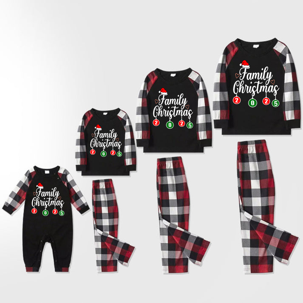 "Family Christmas 2025" Letter Printed Red & Black & Grey & White Plaid Family Matching Pajamas
