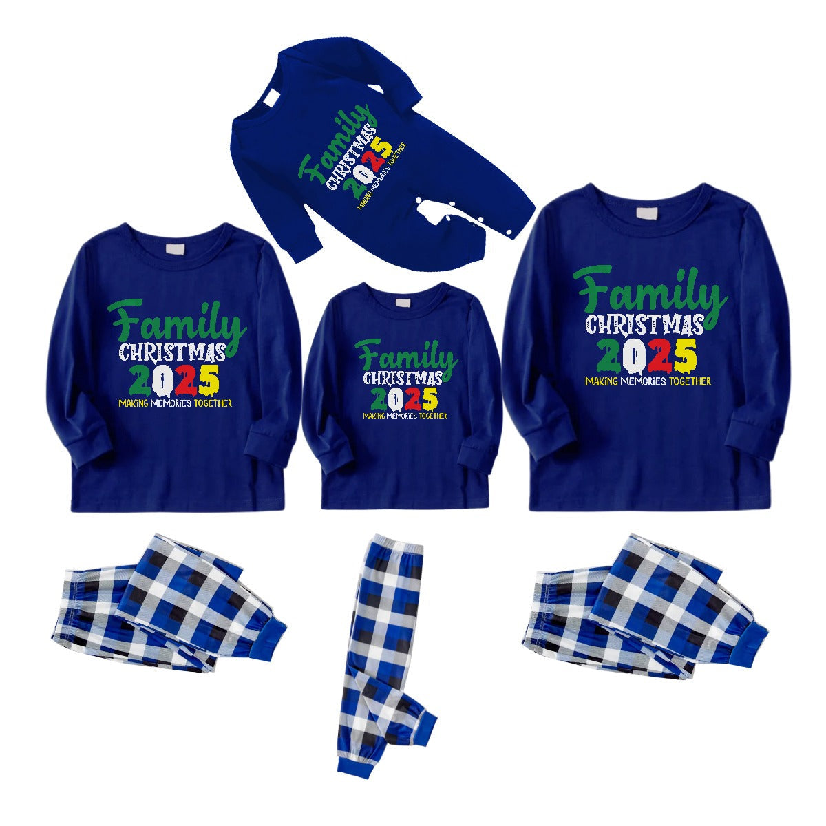 Christmas Family Matching Pajamas-Navy & White Plaid Pjs Set with "Family Christmas 2025" Slogan Print