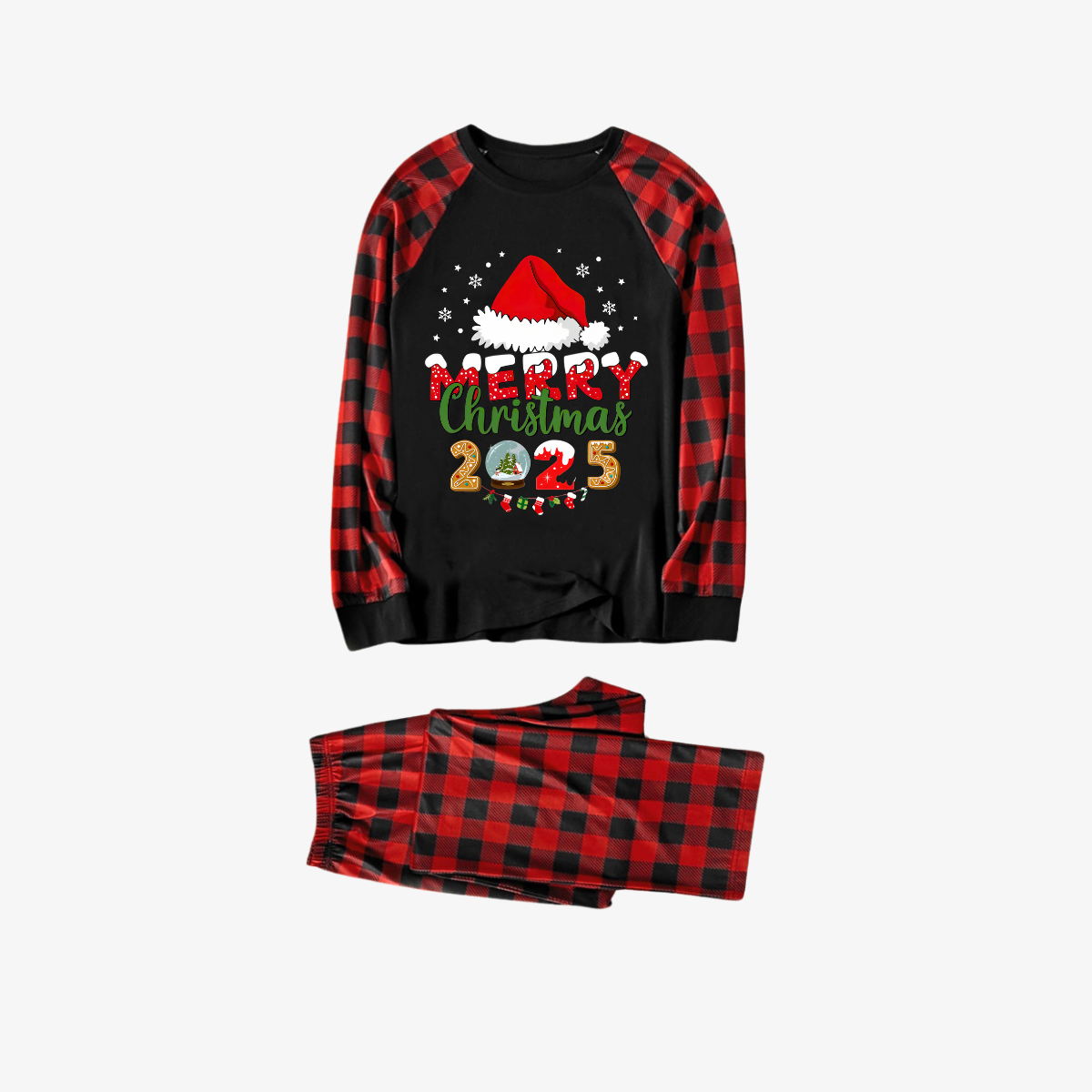 Red and Black Plaid Christmas Pajamas Set With Santa Hat and "Merry Christmas 2025" Text Print