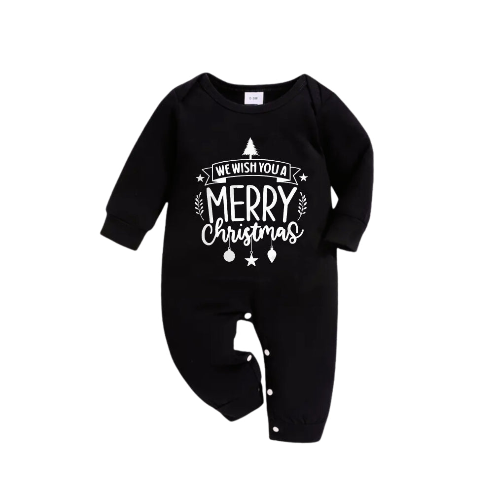 Christmas Family Matching Pajamas-Black Top and Green Plaid Pants Pjs Set with "We Wish You A Merry Christmas" Black&White Print
